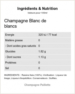 Champagne Blanc de Blancs - Ingrdients et Nutrition 