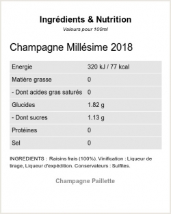 Champagne Millesime 2018 - Ingrdients et Nutrition 