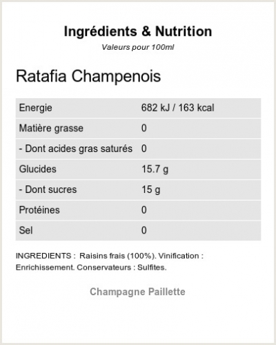 Ratafia de Champagne - Ingrédients et Nutrition  Ratafia de Champagne - Ingrédients et Nutrition